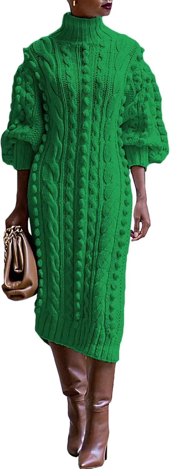 JYAOVO Women's 2023 Lantern Sleeve Turtleneck Chunky Knit Pom Pom High Split Bodycon Sweater Dress Sexy Midi Dress