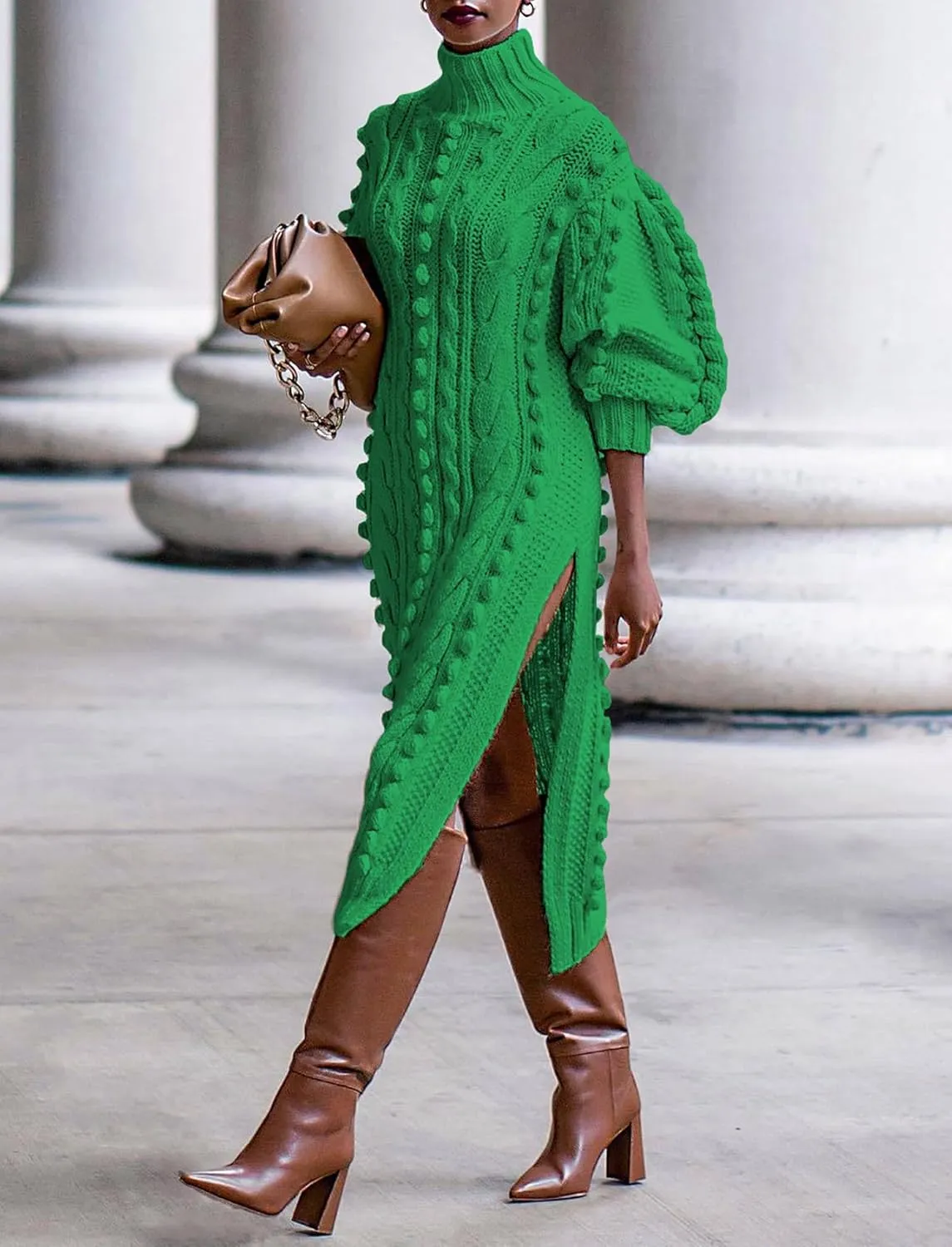 JYAOVO Women's 2023 Lantern Sleeve Turtleneck Chunky Knit Pom Pom High Split Bodycon Sweater Dress Sexy Midi Dress