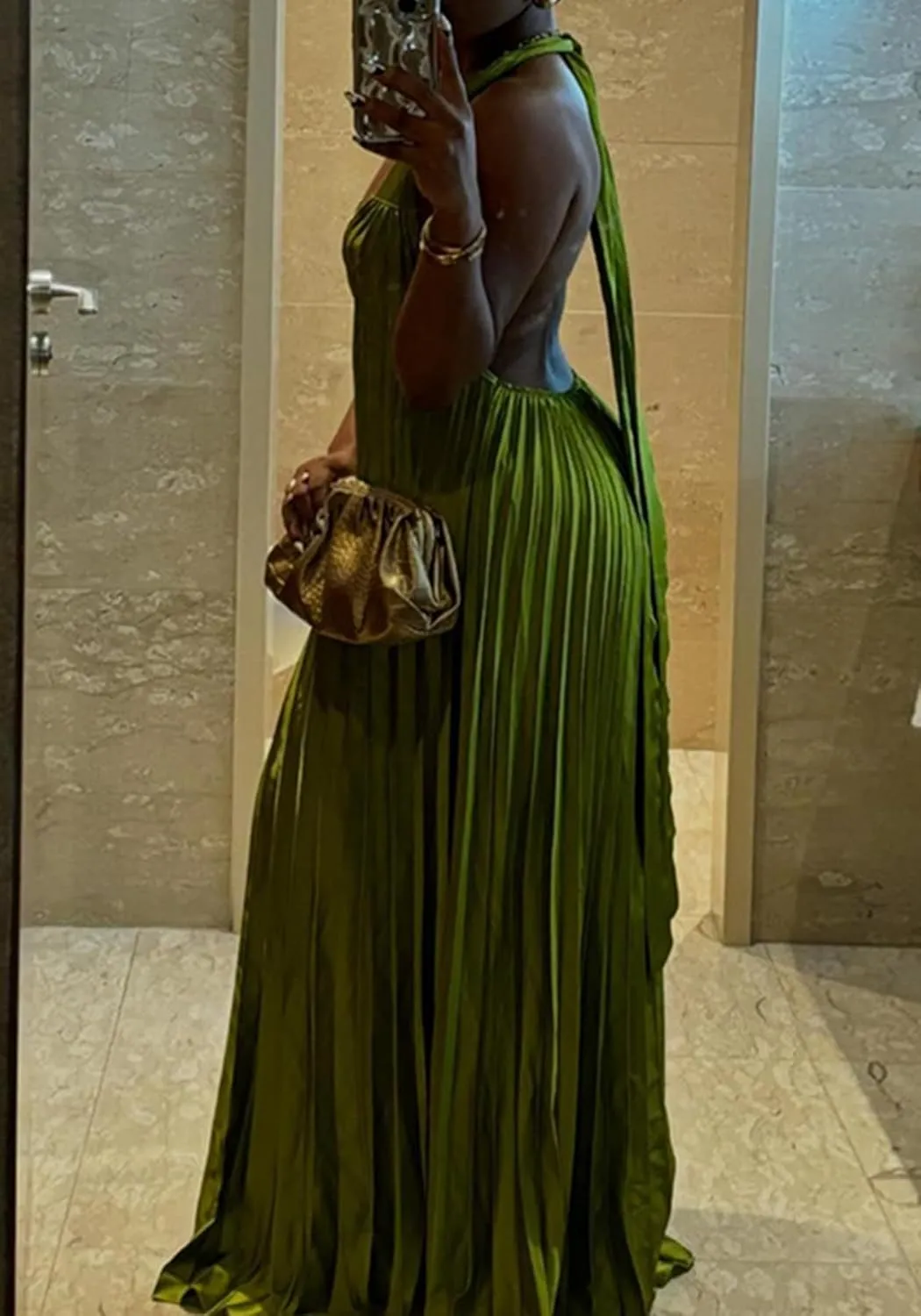 LAJIOJIO Fall Maxi Dresses for Women 2024 Flowy Swing Pleated Sleeveless Spaghetti Strap Halter Neck Long Maxi Dress