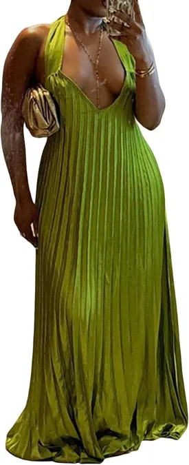 LAJIOJIO Fall Maxi Dresses for Women 2024 Flowy Swing Pleated Sleeveless Spaghetti Strap Halter Neck Long Maxi Dress