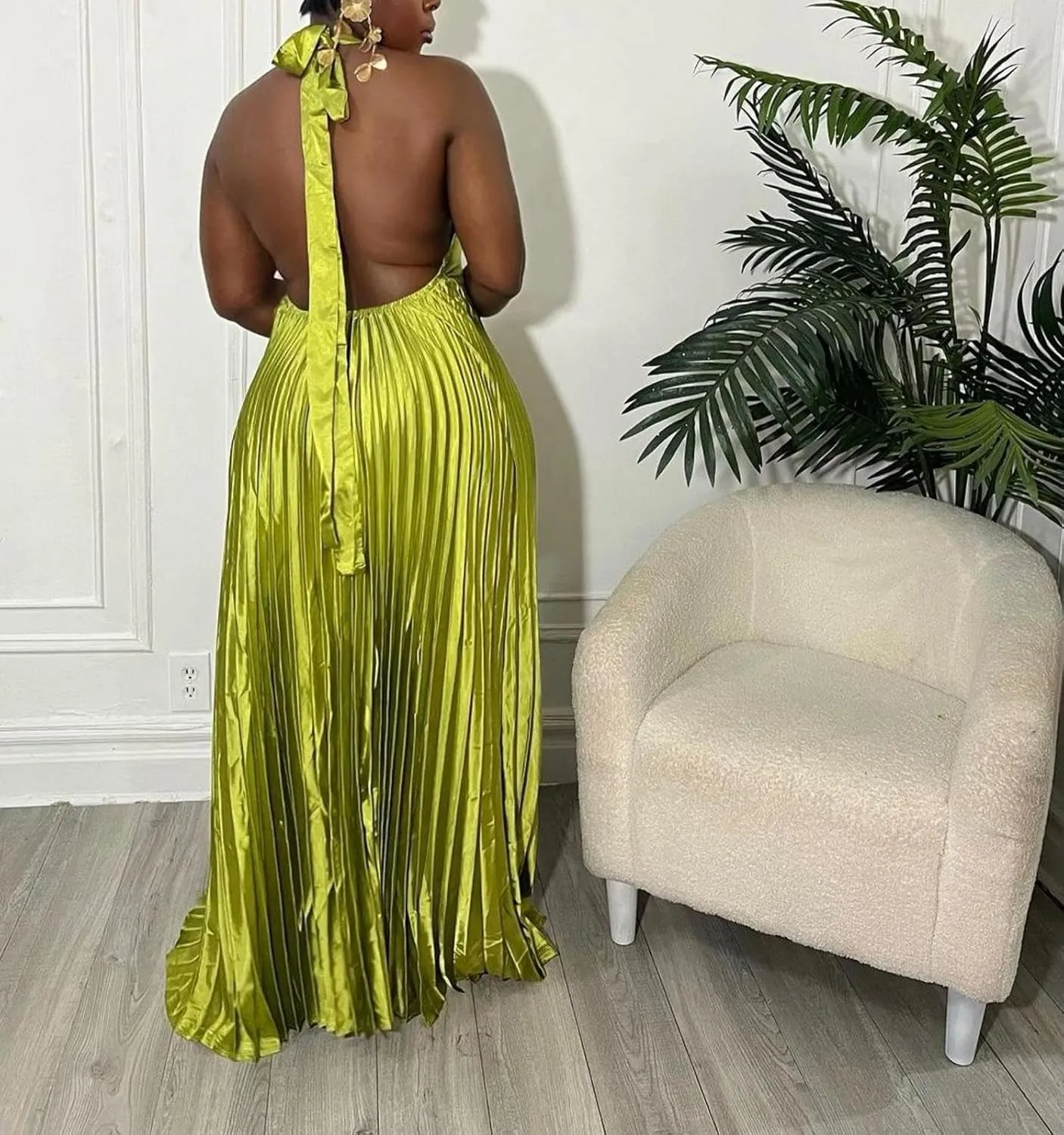 LAJIOJIO Fall Maxi Dresses for Women 2024 Flowy Swing Pleated Sleeveless Spaghetti Strap Halter Neck Long Maxi Dress