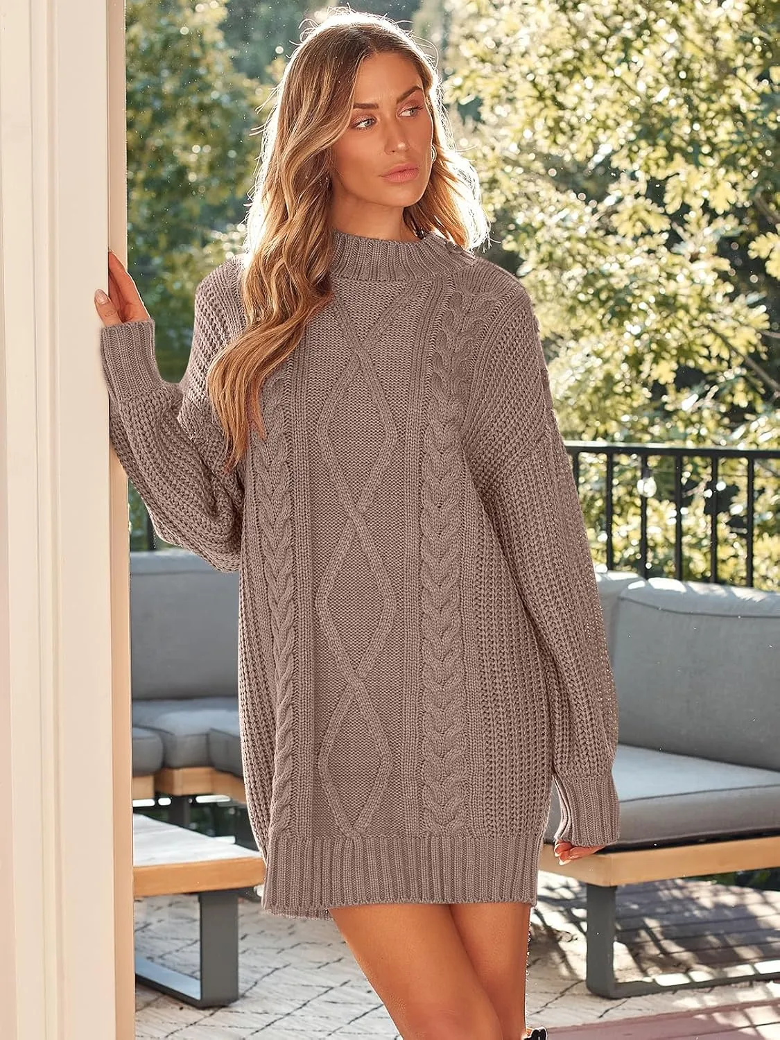 LILLUSORY Women's Crewneck Oversized Sweater Dress 2024 Fall Fashion Cable Knit Long Sleeve Dresses Chunky Pullover Tops