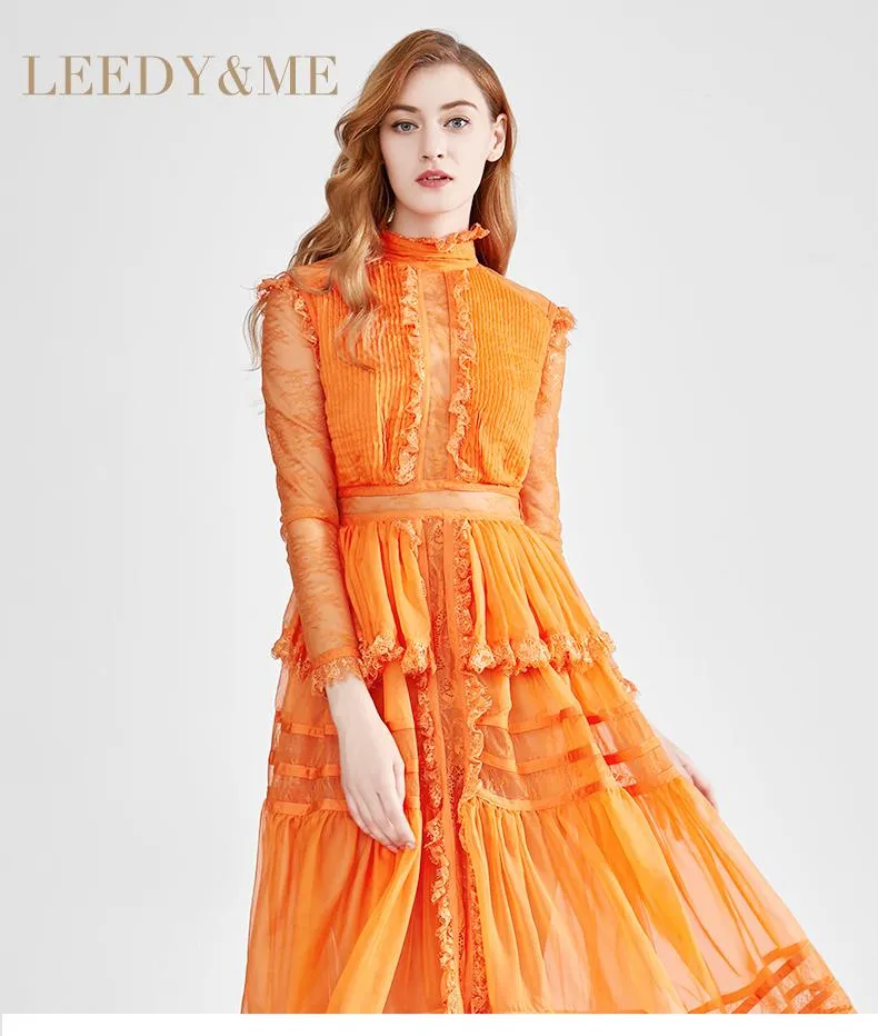 Limited edition long-sleeved elegant evening orange dress long dress gown - Mimi