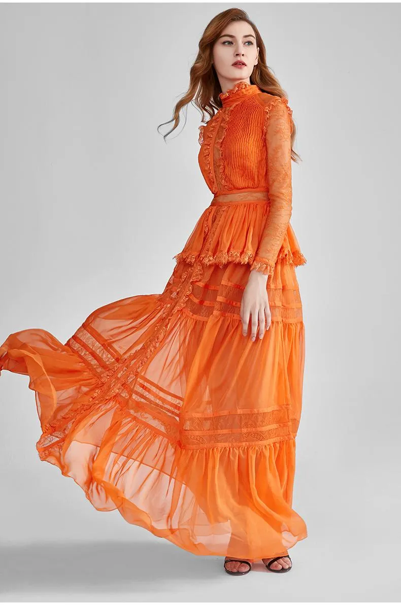 Limited edition long-sleeved elegant evening orange dress long dress gown - Mimi