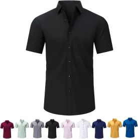 Literalous Shirt, Men's Stretch Non-Iron Anti-Wrinkle Shirts, Breathable Casual Cotton Short Sleeve Shirt