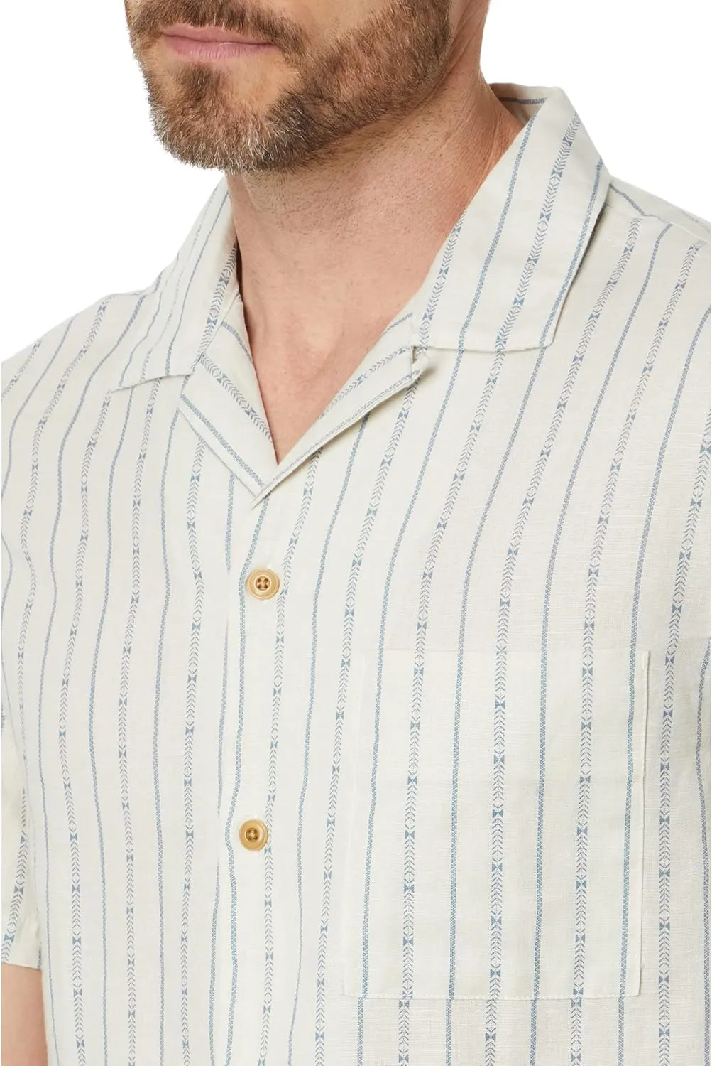 Lucky Brand Men's Short Sleeve Stripe Linen Camp Collar Shirt