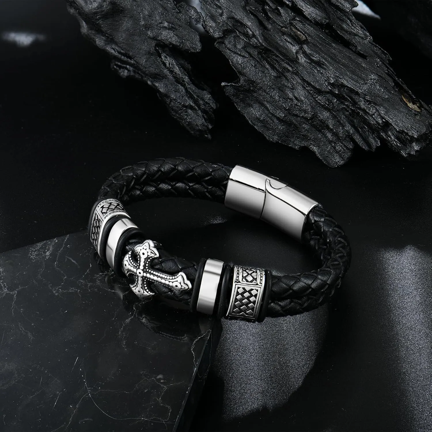 Mens Christian Cross Double Row Leather Bracelet, Religious Braided Cuff Bracelet for Men
