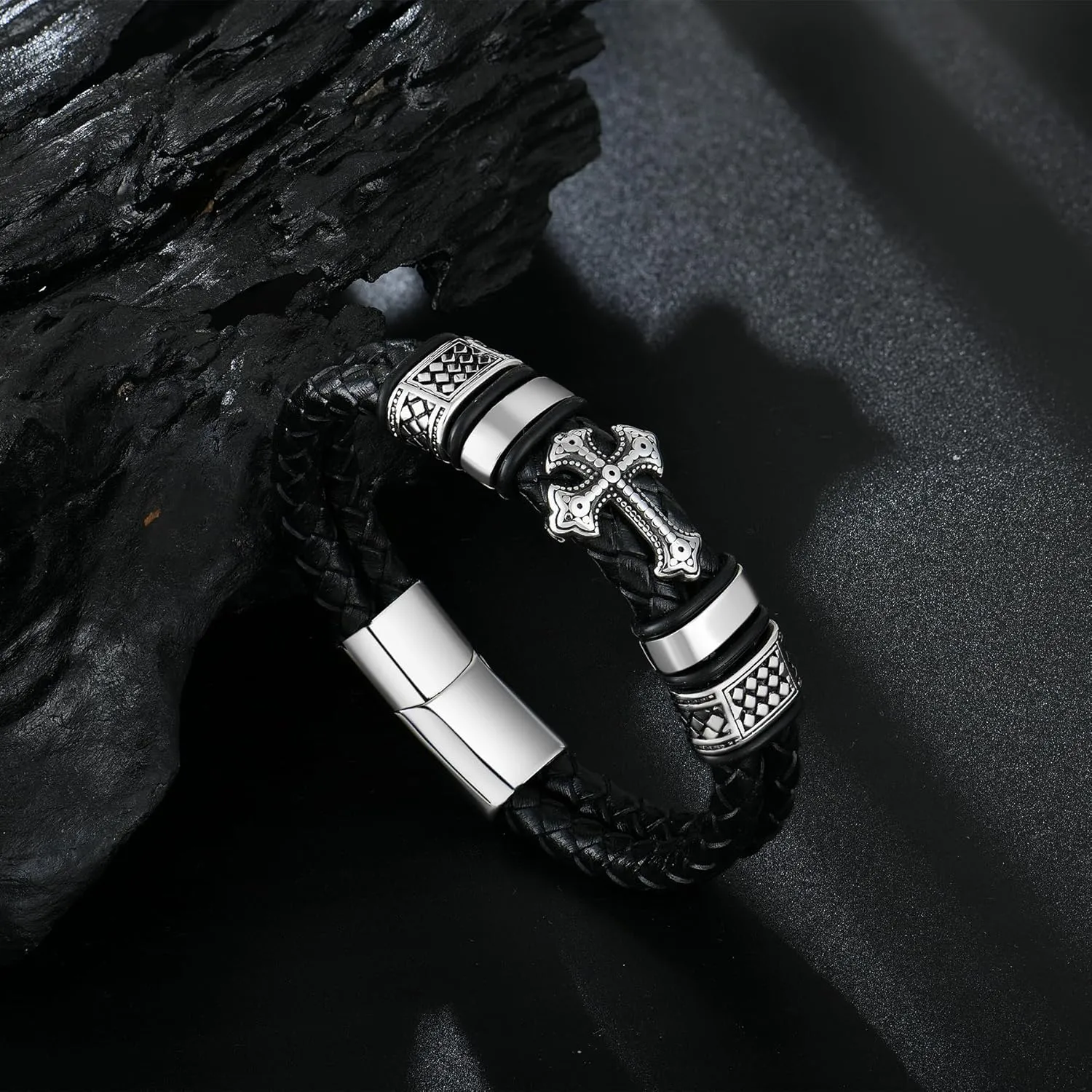 Mens Christian Cross Double Row Leather Bracelet, Religious Braided Cuff Bracelet for Men