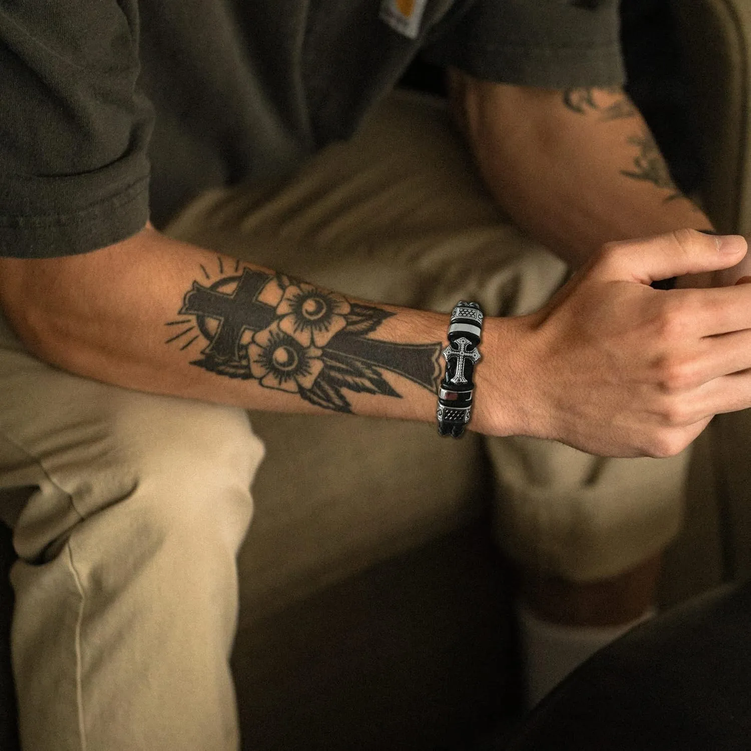 Mens Christian Cross Double Row Leather Bracelet, Religious Braided Cuff Bracelet for Men