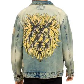 Mens Denim Lion Head Jacket Blue Indigo Vintage Wash Jean Jacket