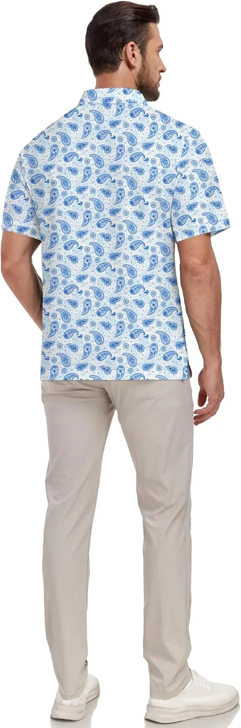 Mens Golf Shirt Printed Regular Fit Moisture Wicking Short Sleeve Performance Polo Shirt (S - 4XL)