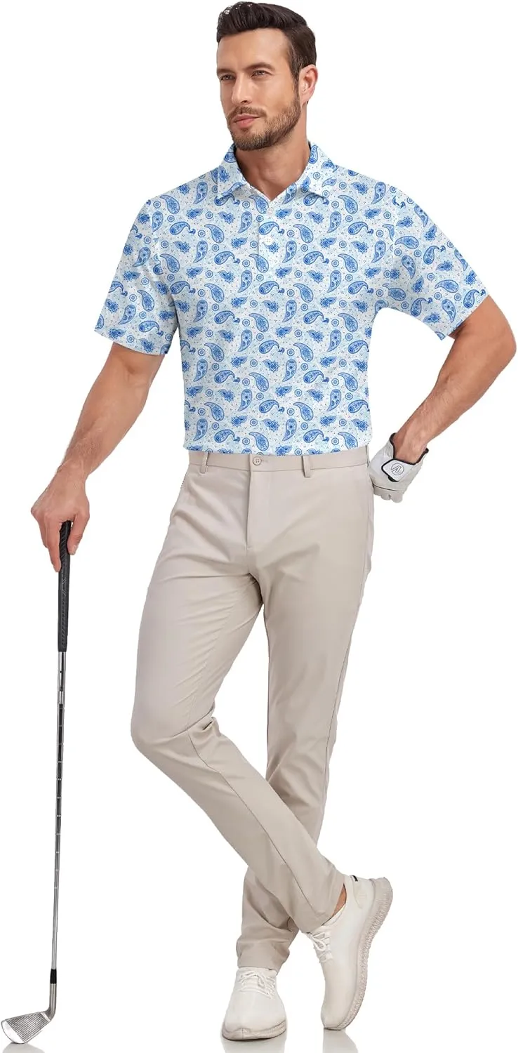 Mens Golf Shirt Printed Regular Fit Moisture Wicking Short Sleeve Performance Polo Shirt (S - 4XL)