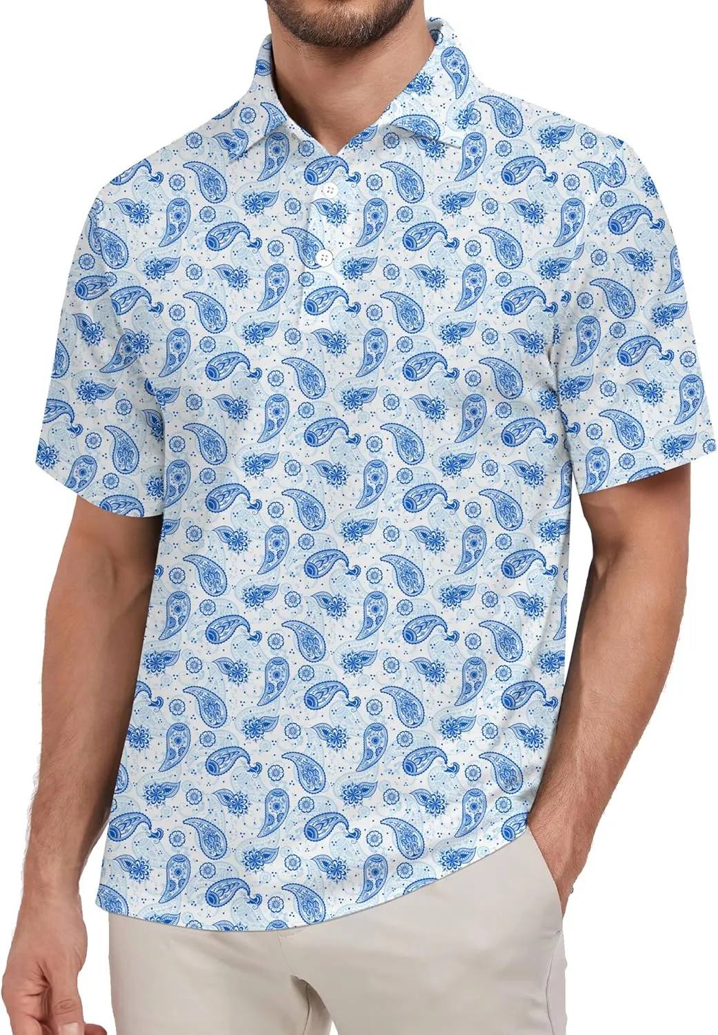 Mens Golf Shirt Printed Regular Fit Moisture Wicking Short Sleeve Performance Polo Shirt (S - 4XL)