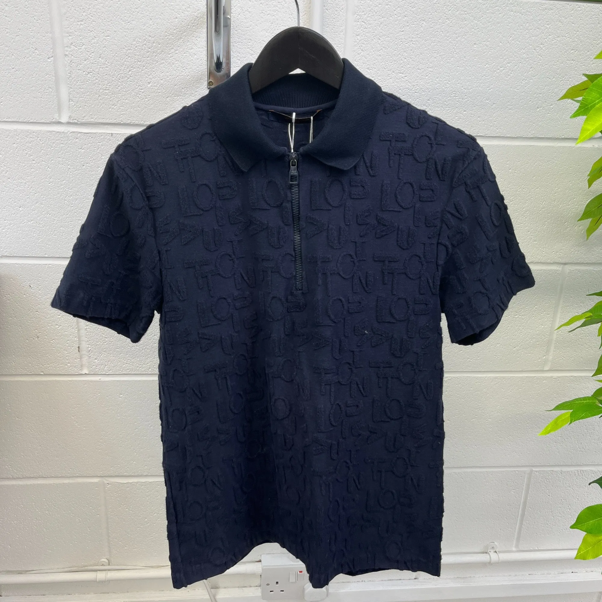 Men's Jacquard Terry Logo Polo Shirt Navy Size XS
