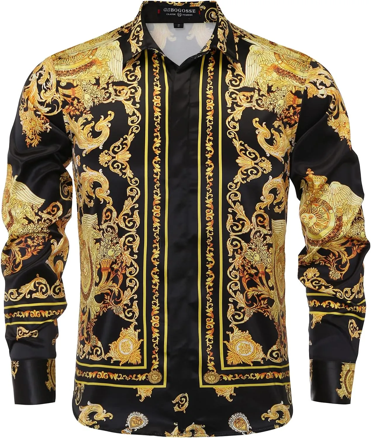 Mens Luxury Brand Printed Silk Like Satin Button Down Dress Shirt for Party Prom Long Sleeve Slim Fit Floral Nightclub Shirt