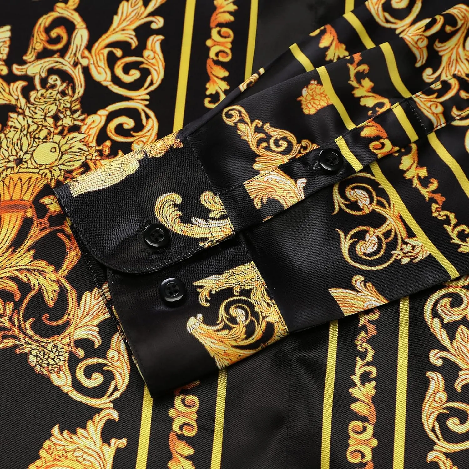 Mens Luxury Brand Printed Silk Like Satin Button Down Dress Shirt for Party Prom Long Sleeve Slim Fit Floral Nightclub Shirt