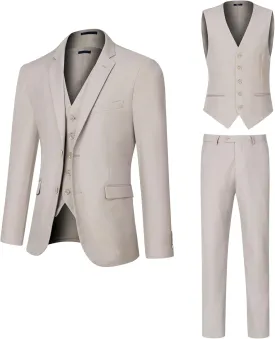 Men's Slim Fit 2 Button 3 Piece Suit Set, Solid Blazer Jacket with Multi-Functional Inner Pockets for Business/Party