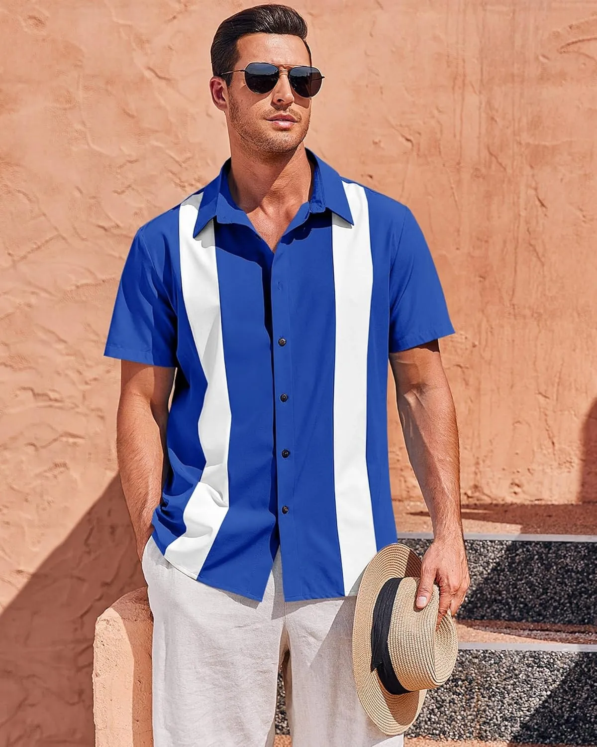 Mens Vintage Bowling Shirts Short Sleeve Button Down Guayabera Beach Shirts for Men