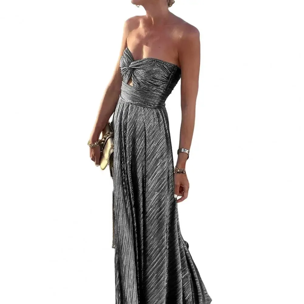 Metallic Tube Twisted Pleated Maxi Dress
