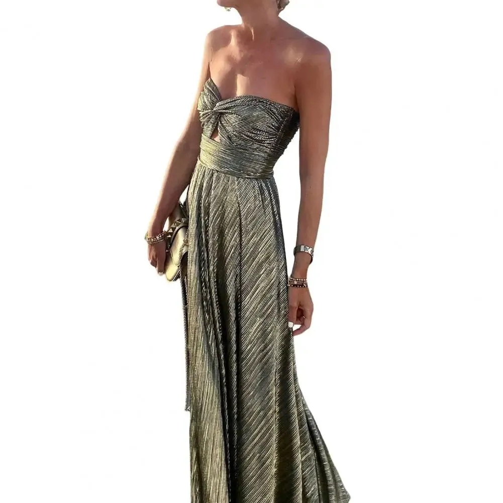 Metallic Tube Twisted Pleated Maxi Dress
