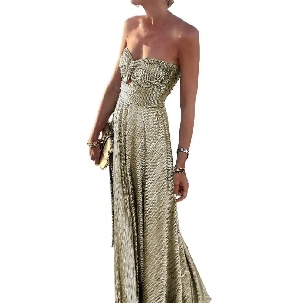 Metallic Tube Twisted Pleated Maxi Dress