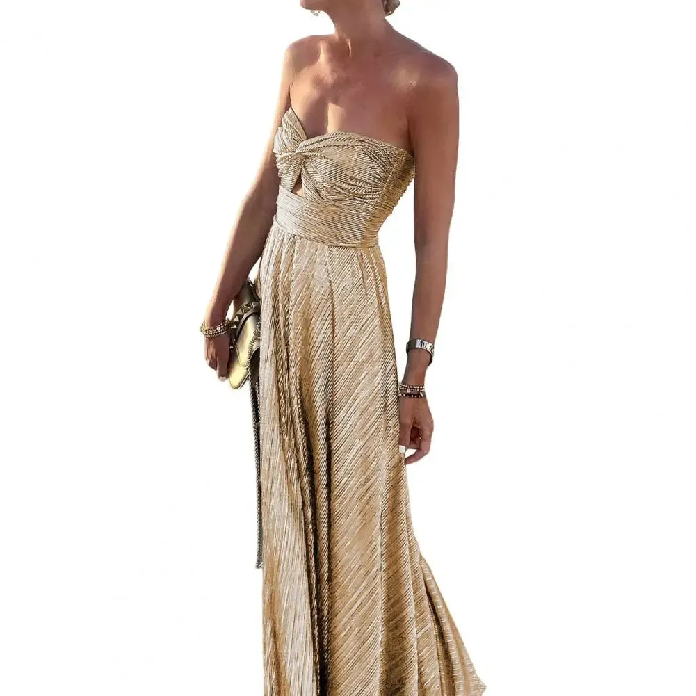 Metallic Tube Twisted Pleated Maxi Dress