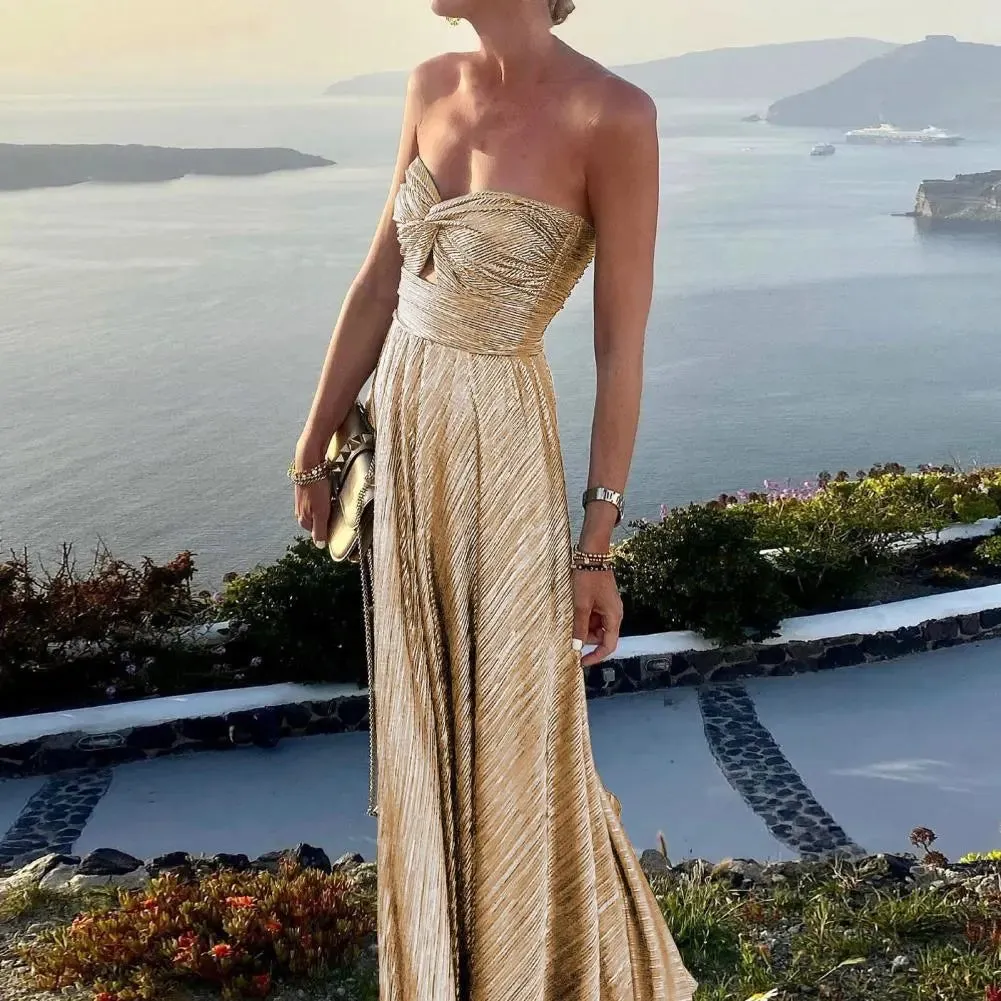 Metallic Tube Twisted Pleated Maxi Dress
