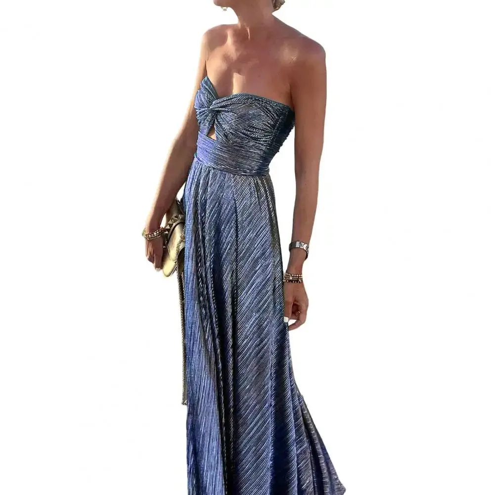 Metallic Tube Twisted Pleated Maxi Dress