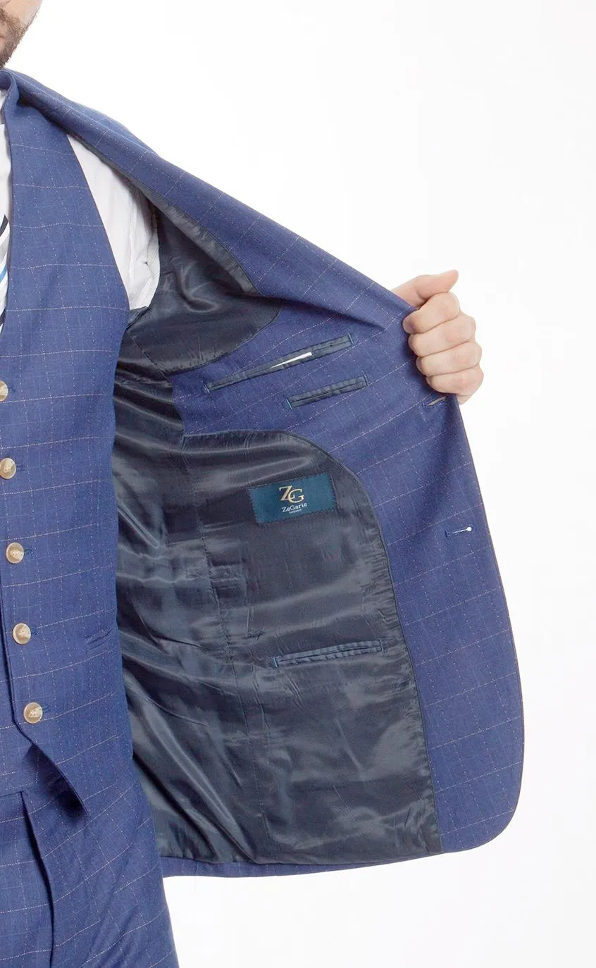 Modern Fit 3 Piece Fine Wool Suit Windowpane Blue