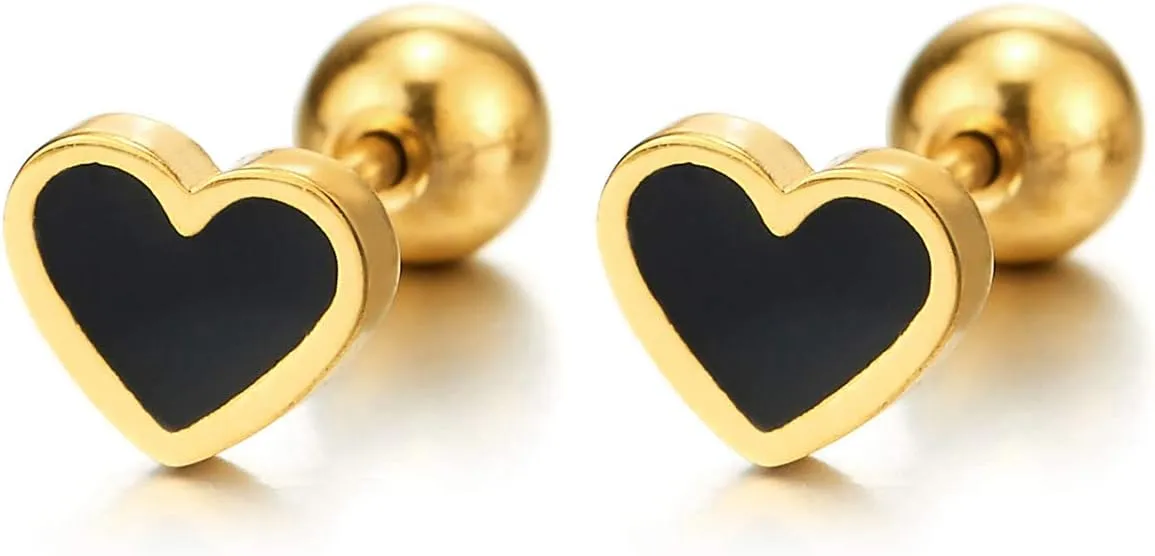 Pair of Womens Stainless Steel Flat Heart Stud Earrings with Enamel, Screw Back