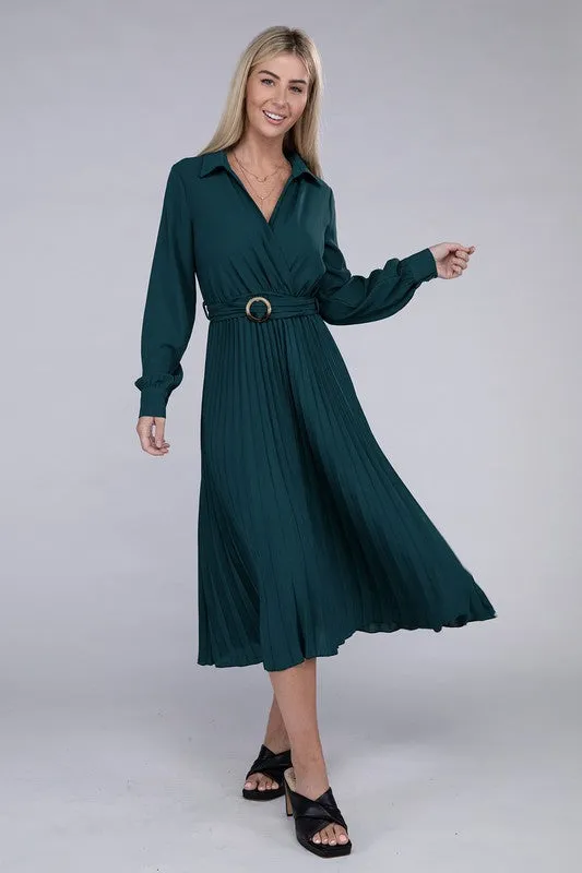 Pleated Long Sleeve Midi Dress with Belt