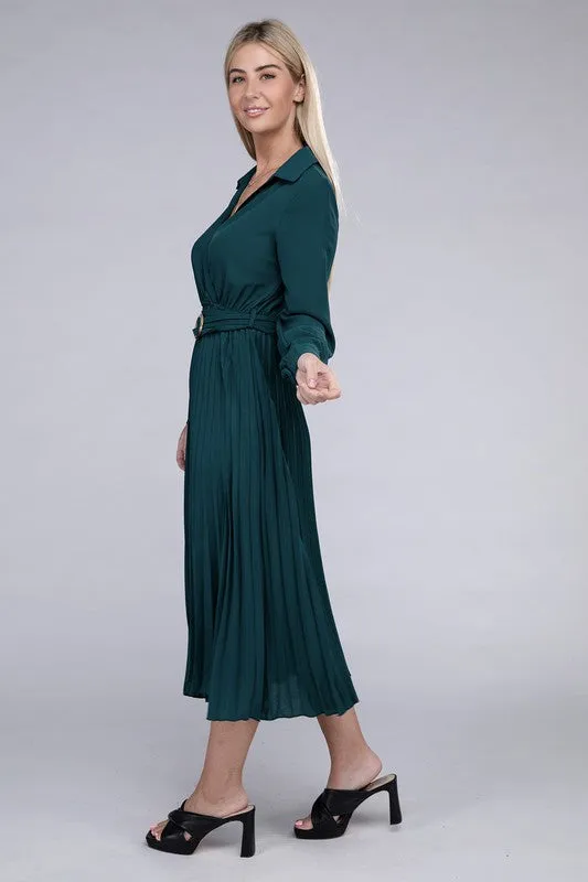 Pleated Long Sleeve Midi Dress with Belt