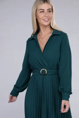Pleated Long Sleeve Midi Dress with Belt
