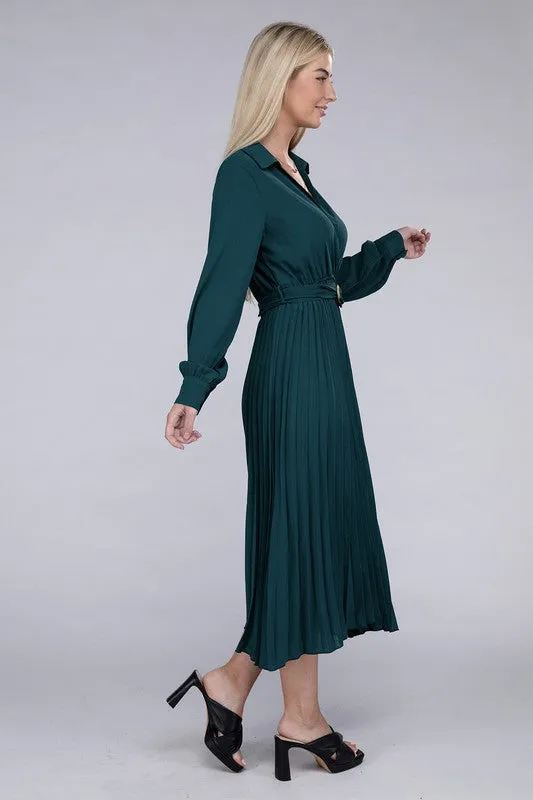 Pleated Long Sleeve Midi Dress with Belt