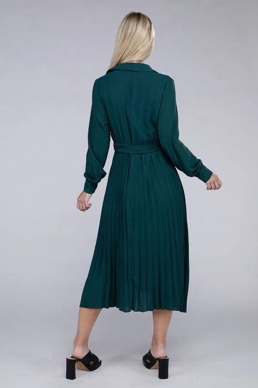 Pleated Long Sleeve Midi Dress with Belt