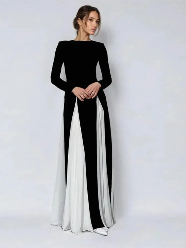 Pleated Patchwork Long Sleeve  Maxi Dress