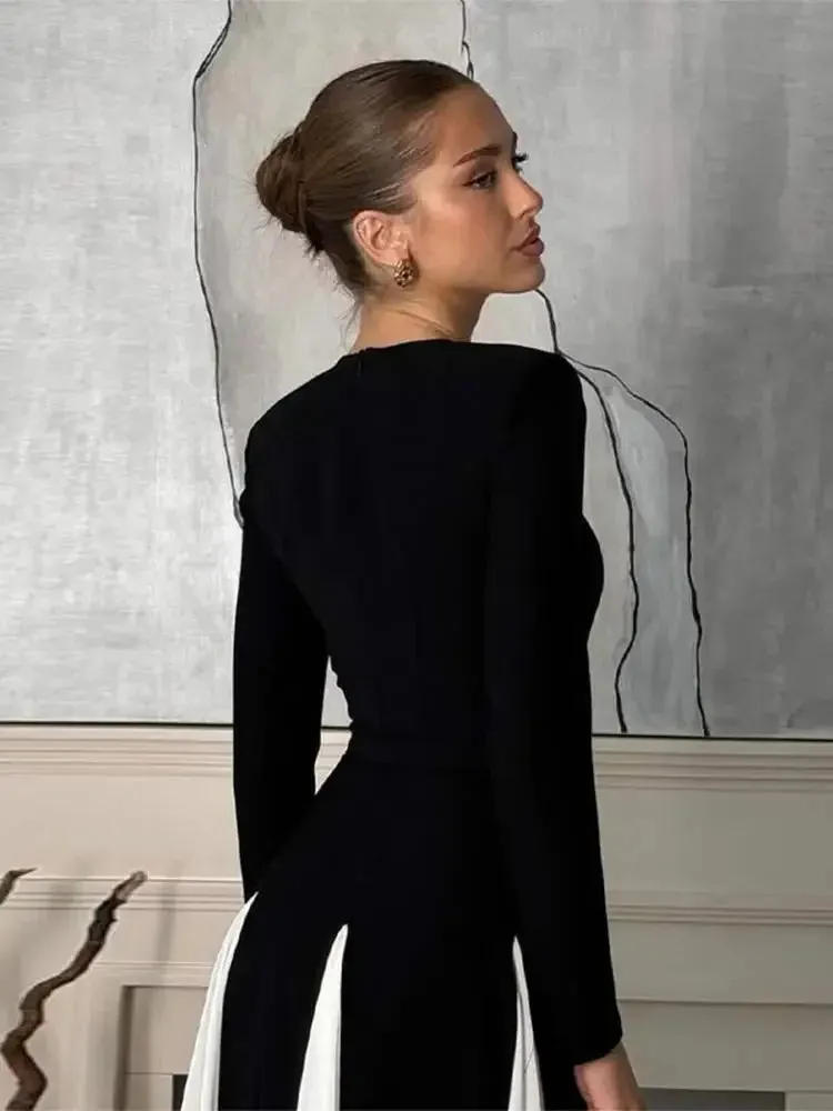 Pleated Patchwork Long Sleeve  Maxi Dress