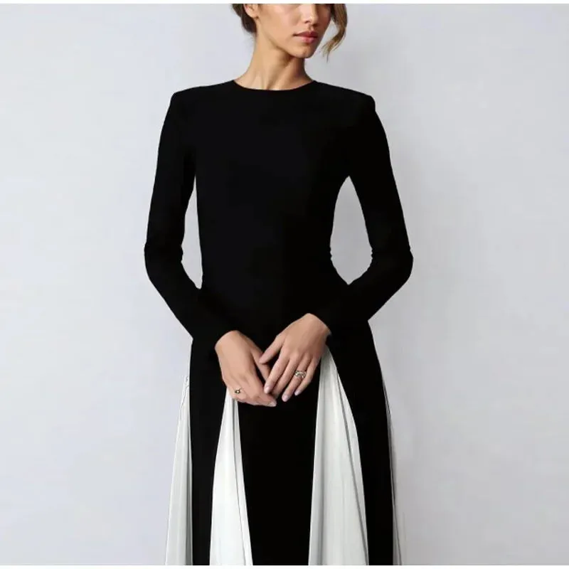 Pleated Patchwork Long Sleeve  Maxi Dress