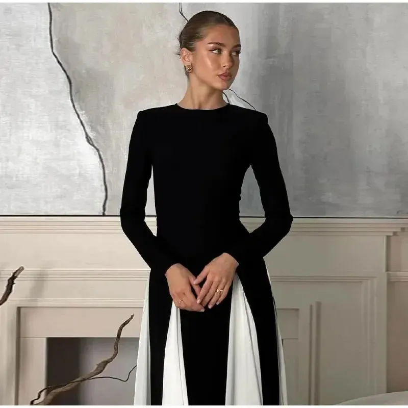 Pleated Patchwork Long Sleeve  Maxi Dress
