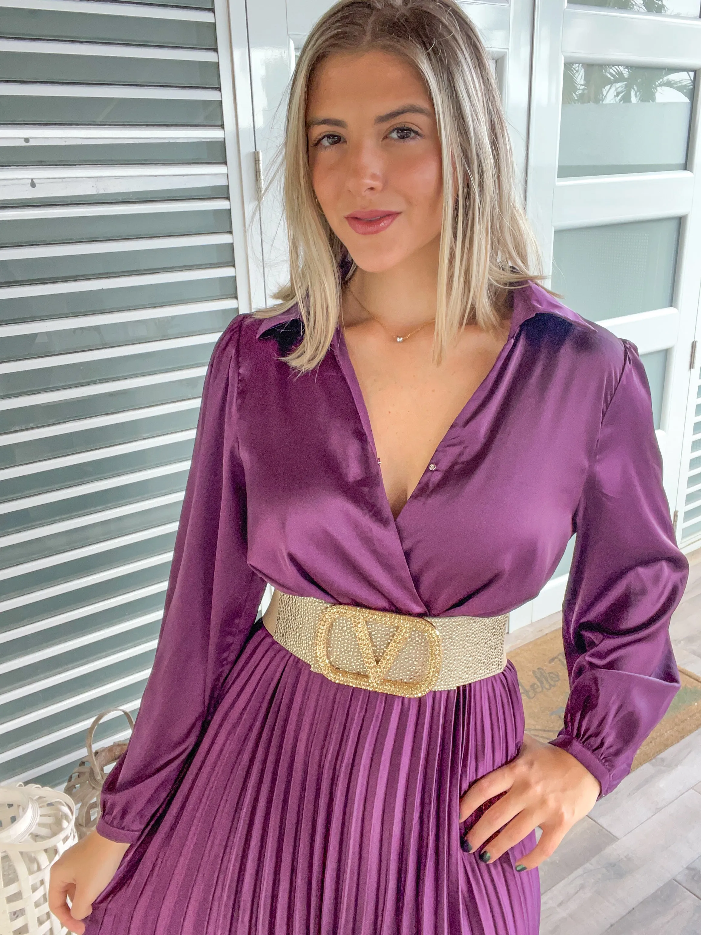 PLUM SATIN PLEATED MIDI DRESS