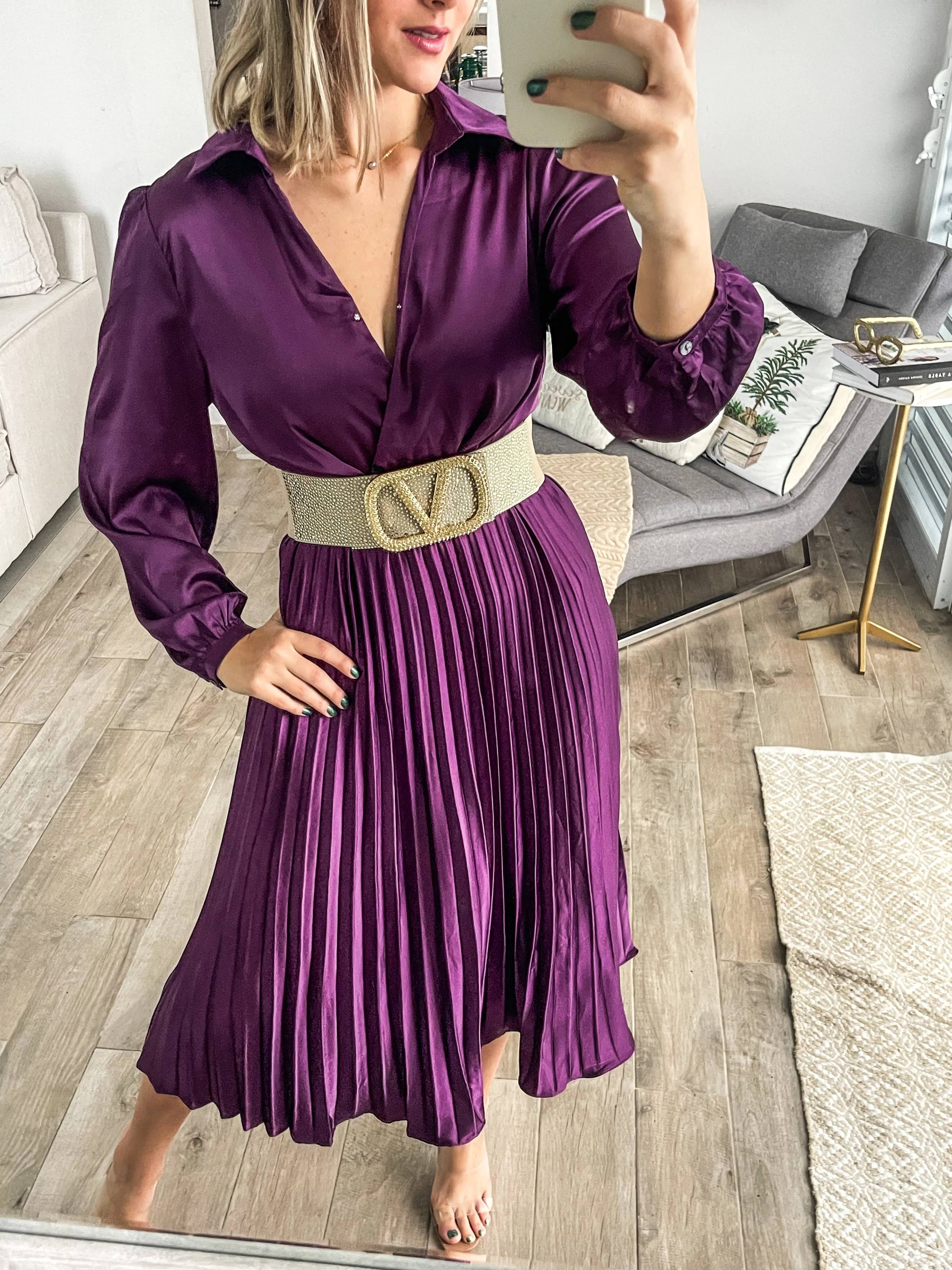 PLUM SATIN PLEATED MIDI DRESS