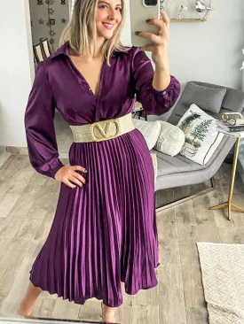 PLUM SATIN PLEATED MIDI DRESS