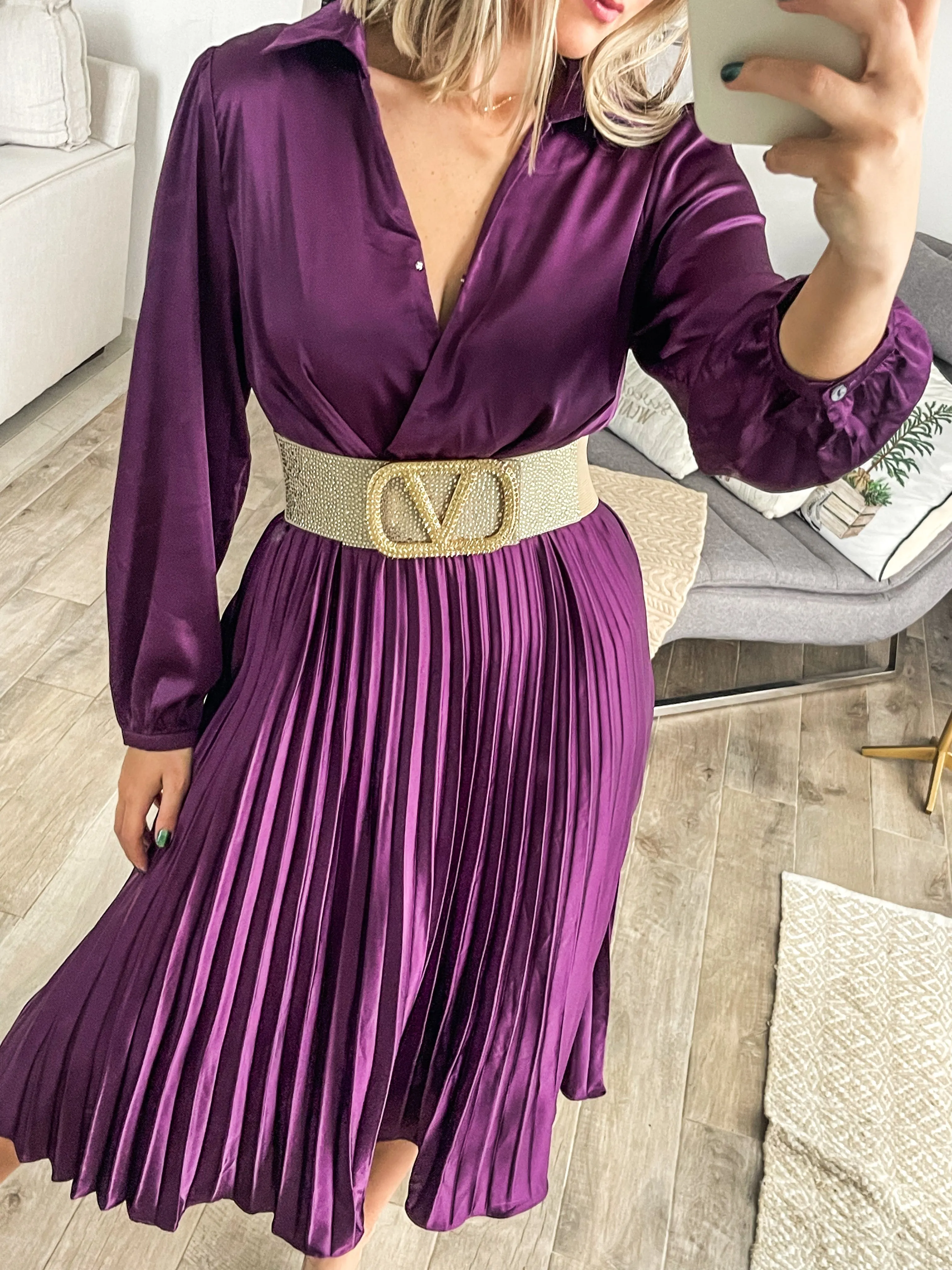 PLUM SATIN PLEATED MIDI DRESS