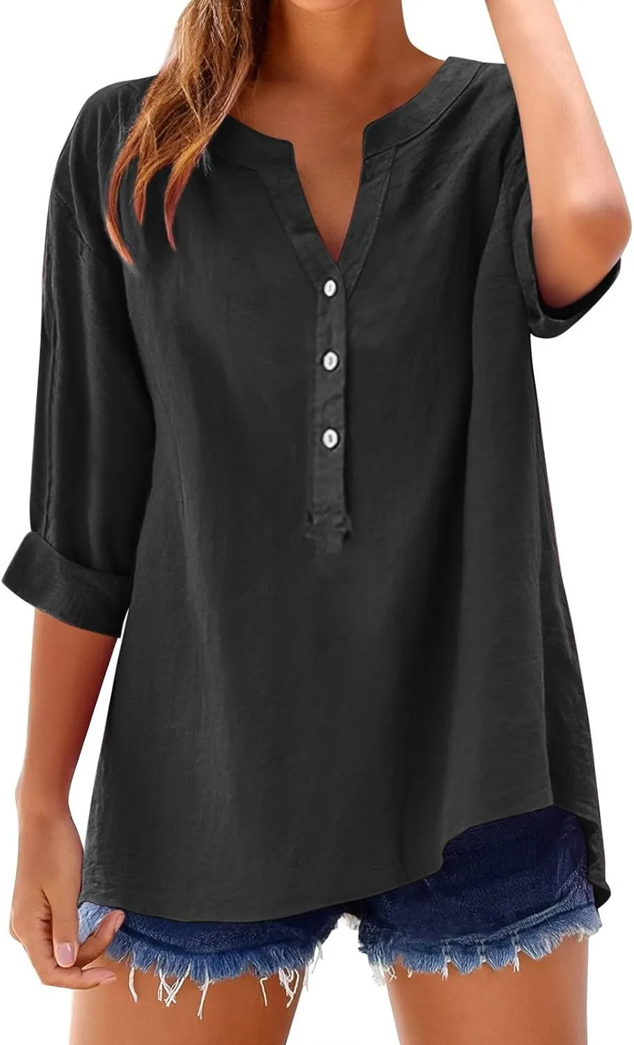 Plus Size Linen Tops for Women V Neck Long Sleeve Button Down Shirts Office Work Blouse Summer Beach Vacation Tunics
