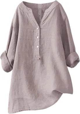 Plus Size Linen Tops for Women V Neck Long Sleeve Button Down Shirts Office Work Blouse Summer Beach Vacation Tunics
