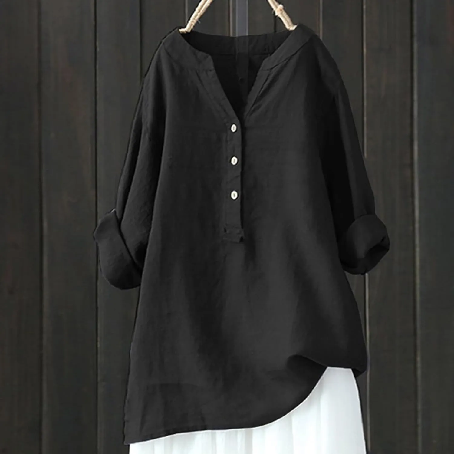 Plus Size Linen Tops for Women V Neck Long Sleeve Button Down Shirts Office Work Blouse Summer Beach Vacation Tunics