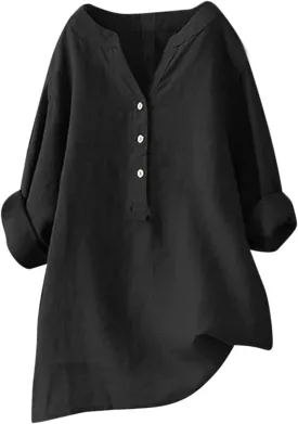 Plus Size Linen Tops for Women V Neck Long Sleeve Button Down Shirts Office Work Blouse Summer Beach Vacation Tunics