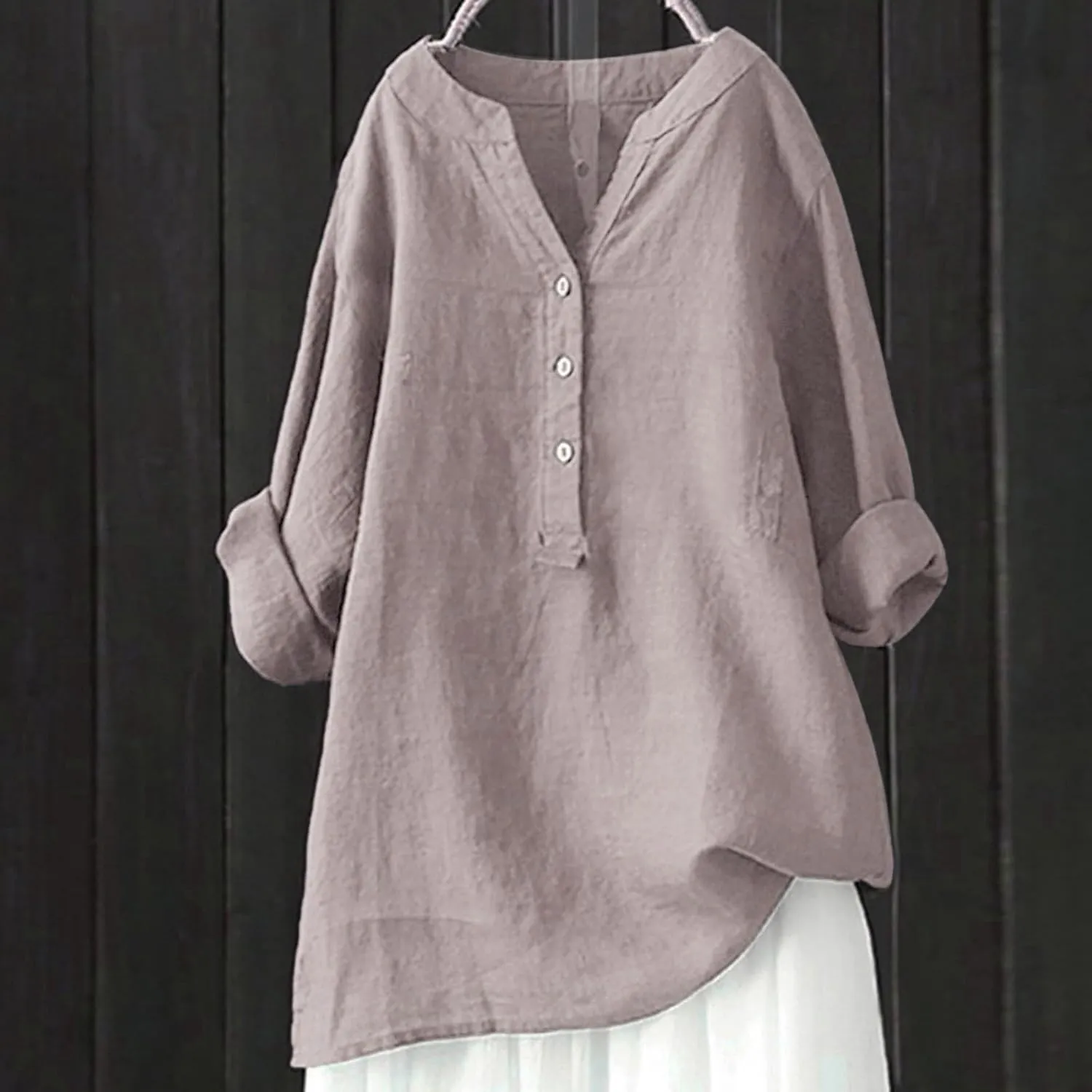 Plus Size Linen Tops for Women V Neck Long Sleeve Button Down Shirts Office Work Blouse Summer Beach Vacation Tunics
