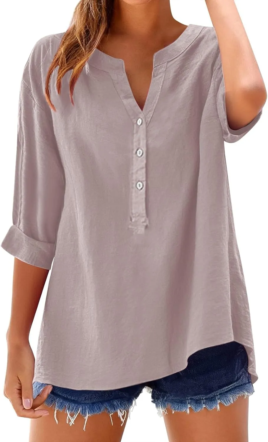 Plus Size Linen Tops for Women V Neck Long Sleeve Button Down Shirts Office Work Blouse Summer Beach Vacation Tunics