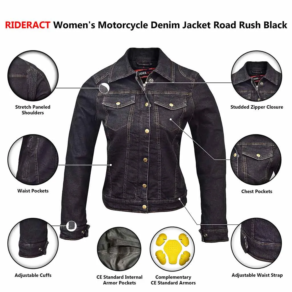 RIDERACT® Women Denim Jacket Biker Reinforced Denim Motorcycle Jacket Road Rush Black